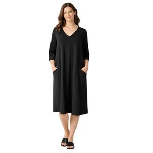 Eileen Fisher - Black V-Neck Relaxed Midi Pocket Dress Sz L